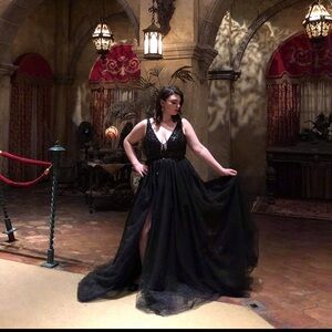 Black Bejeweled Tulle Formal Gown with Thigh Slit